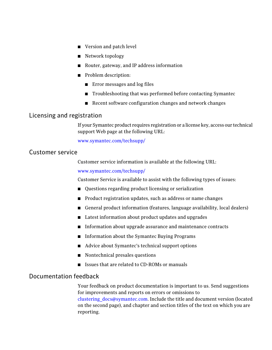 Licensing and registration, Customer service, Documentation feedback | Symantec Veritas 5 User Manual | Page 5 / 176