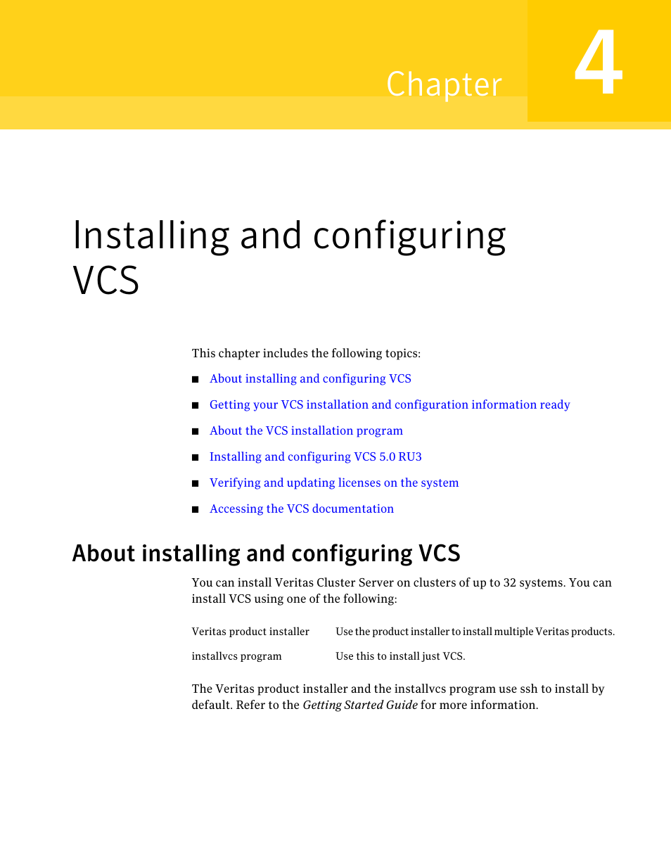 Installing and configuring vcs, About installing and configuring vcs, Chapter 4 | Chapter | Symantec Veritas 5 User Manual | Page 51 / 176