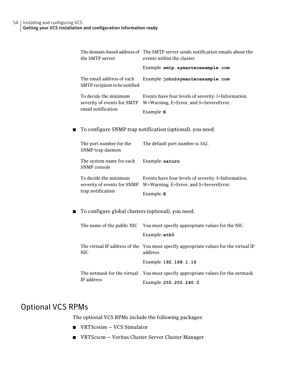 Optional vcs rpms | Symantec Veritas 5 User Manual | Page 54 / 176