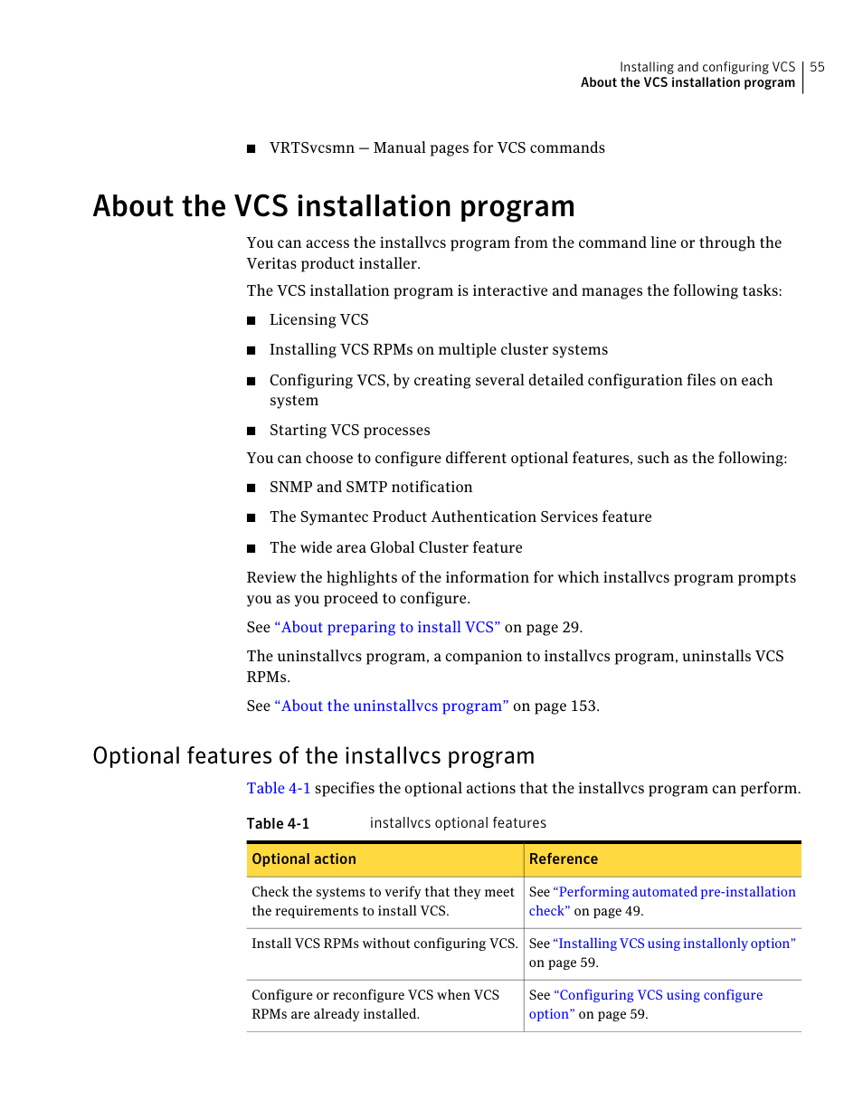 About the vcs installation program, Optional features of the installvcs program | Symantec Veritas 5 User Manual | Page 55 / 176