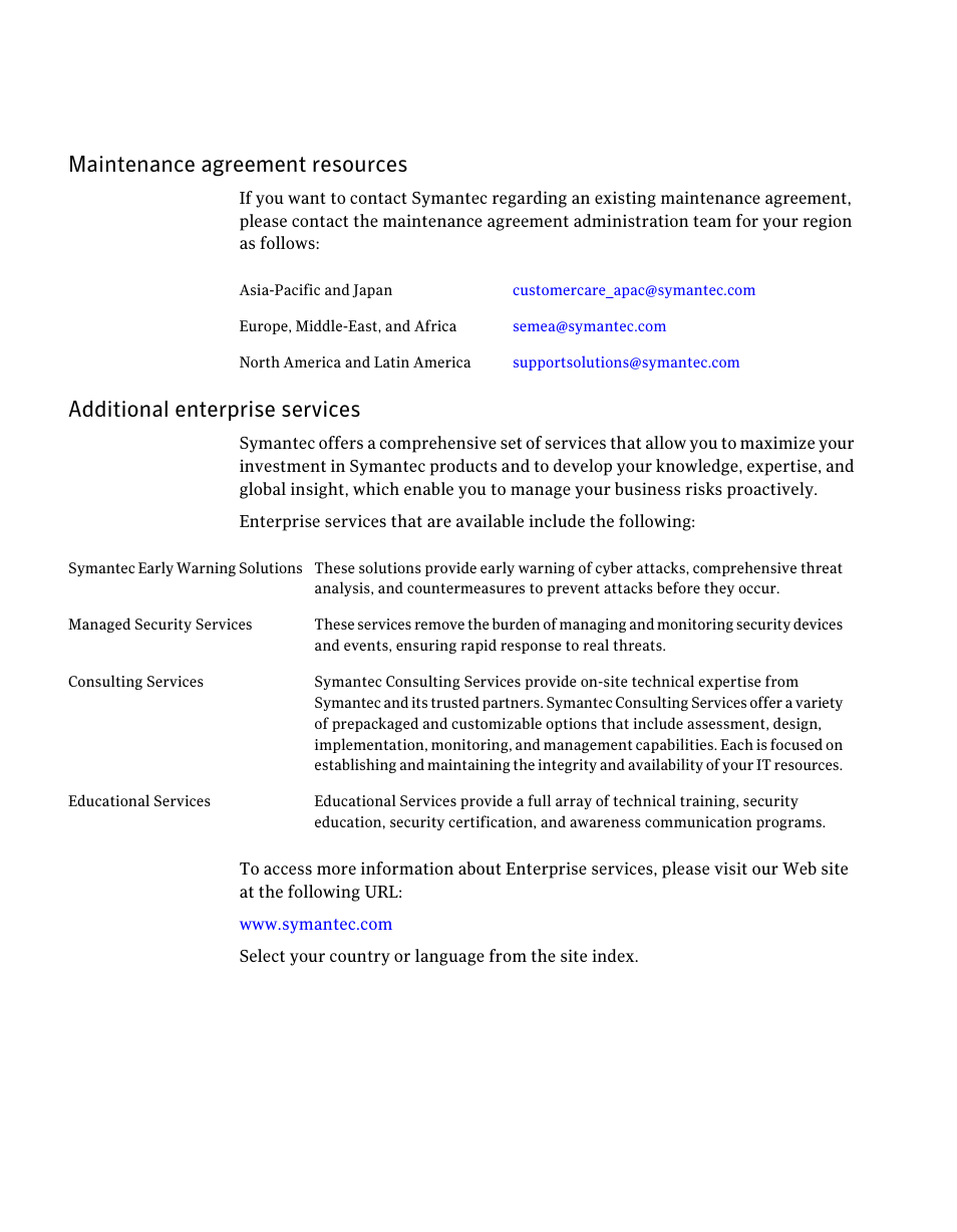 Maintenance agreement resources, Additional enterprise services | Symantec Veritas 5 User Manual | Page 6 / 176