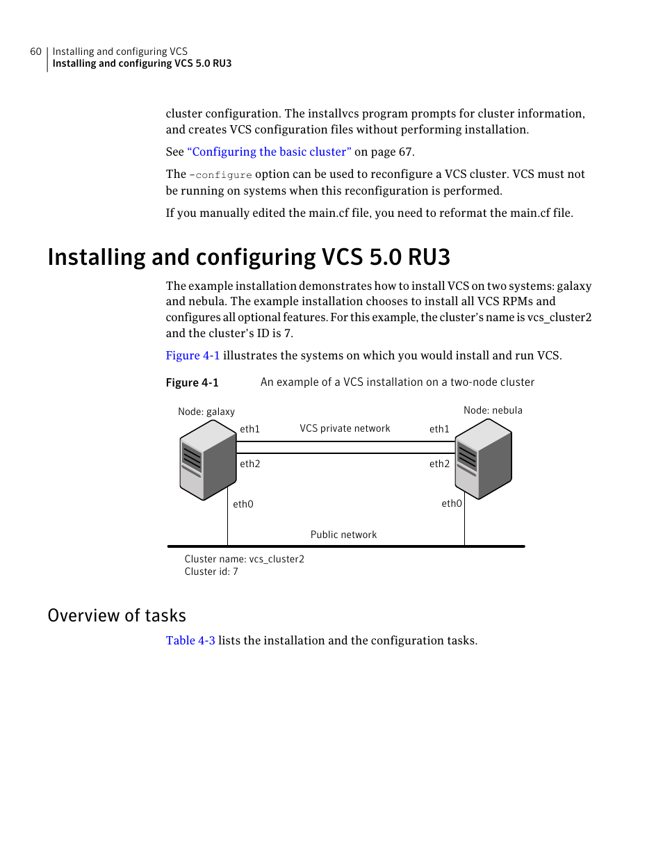 Installing and configuring vcs 5.0 ru3, Overview of tasks | Symantec Veritas 5 User Manual | Page 60 / 176