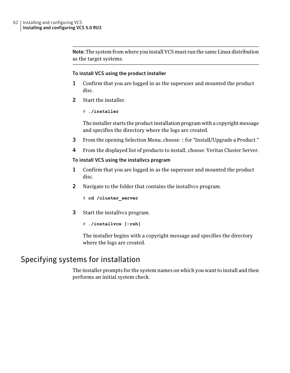 Specifying systems for installation | Symantec Veritas 5 User Manual | Page 62 / 176