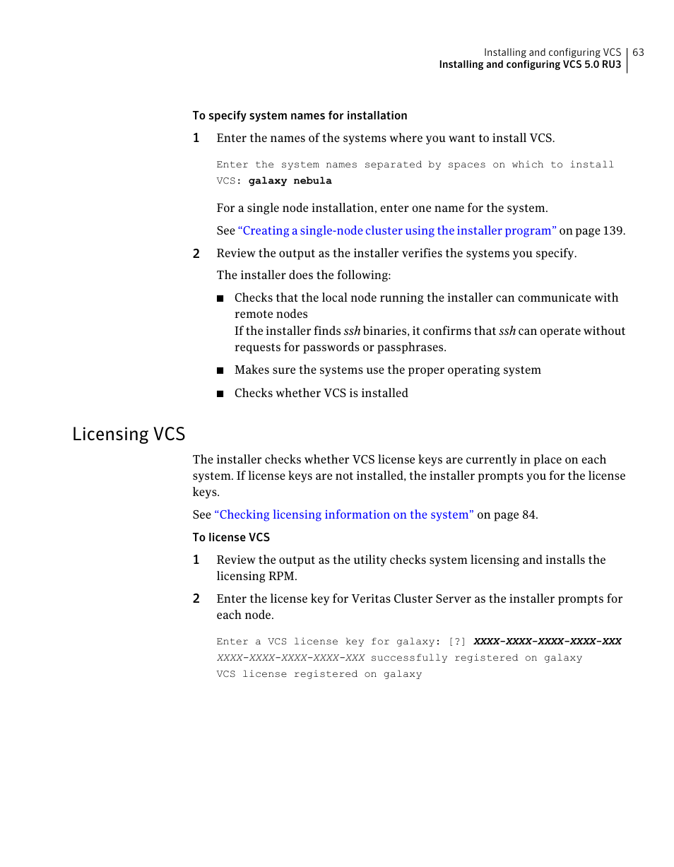 Licensing vcs | Symantec Veritas 5 User Manual | Page 63 / 176