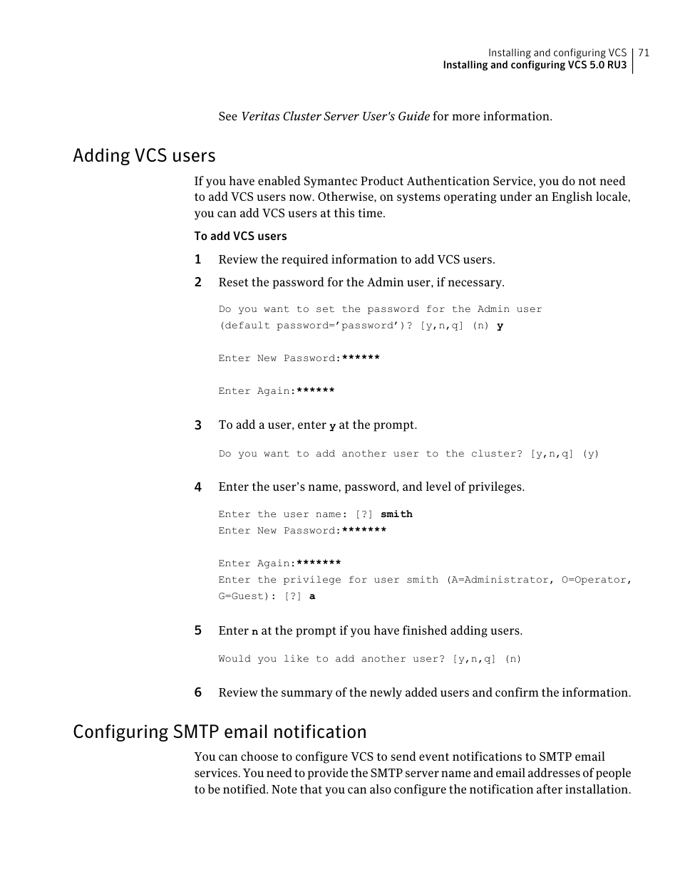 Adding vcs users, Configuring smtp email notification, 71 configuring smtp email notification | Symantec Veritas 5 User Manual | Page 71 / 176