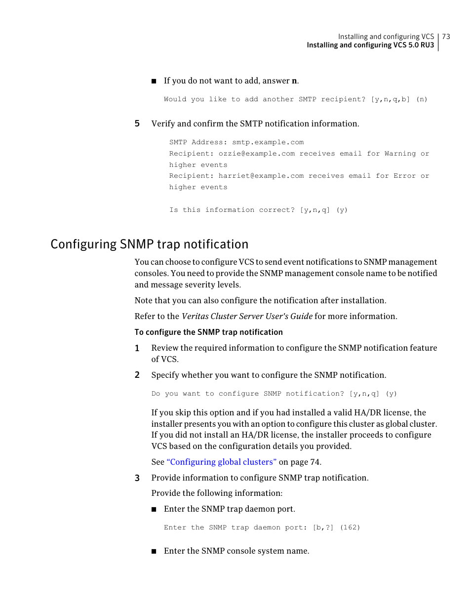 Configuring snmp trap notification | Symantec Veritas 5 User Manual | Page 73 / 176