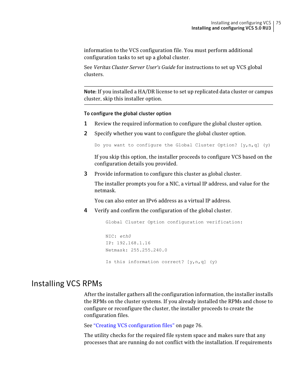 Installing vcs rpms | Symantec Veritas 5 User Manual | Page 75 / 176