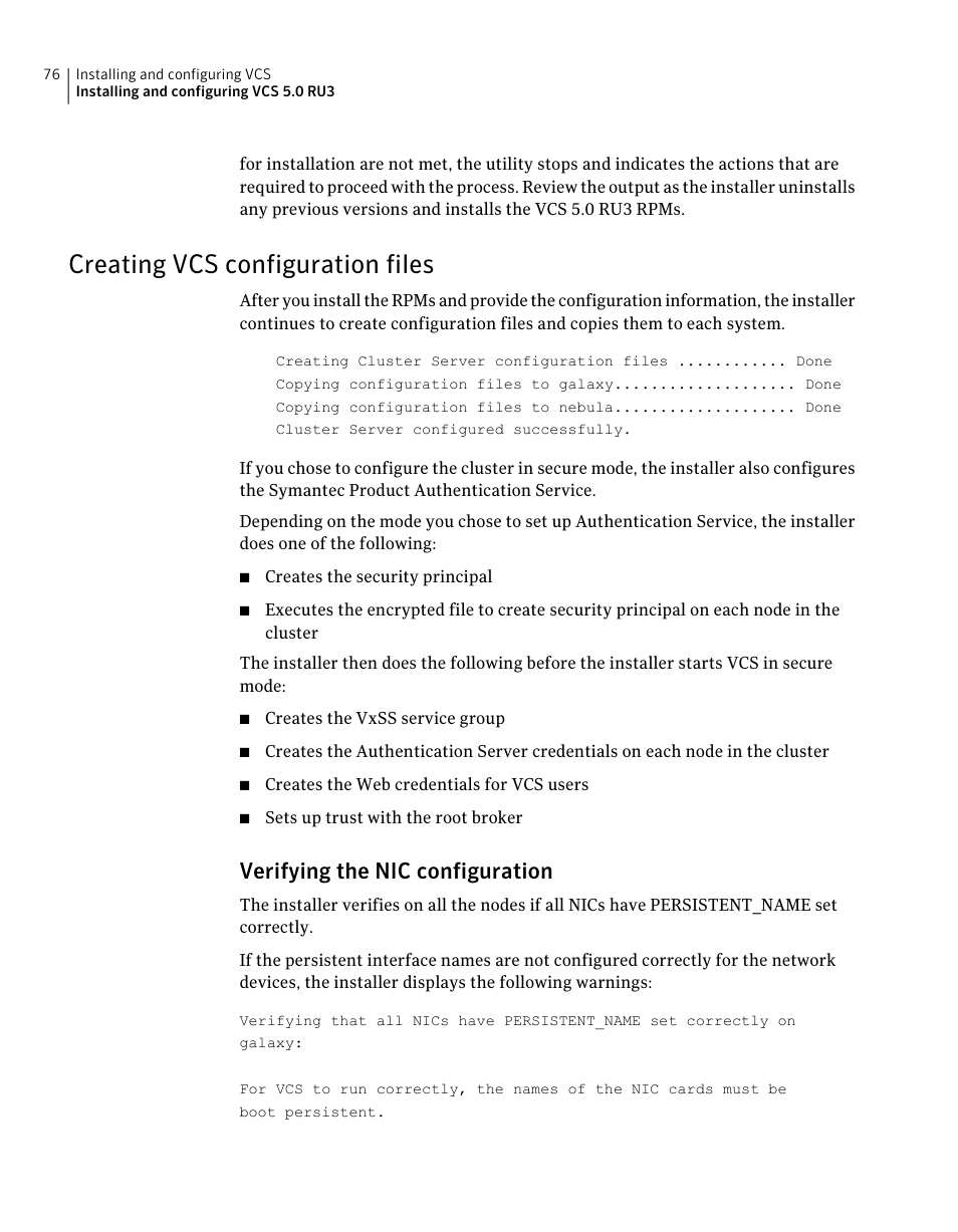 Creating vcs configuration files, Verifying the nic configuration | Symantec Veritas 5 User Manual | Page 76 / 176