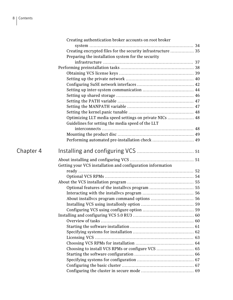 Chapter 4 installing and configuring vcs | Symantec Veritas 5 User Manual | Page 8 / 176