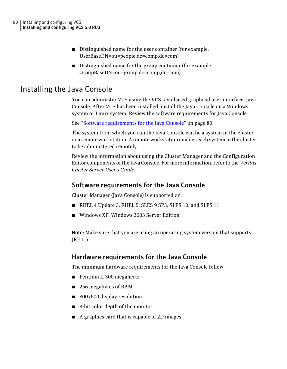 Installing the java console, Software requirements for the java console, Hardware requirements for the java console | Symantec Veritas 5 User Manual | Page 80 / 176