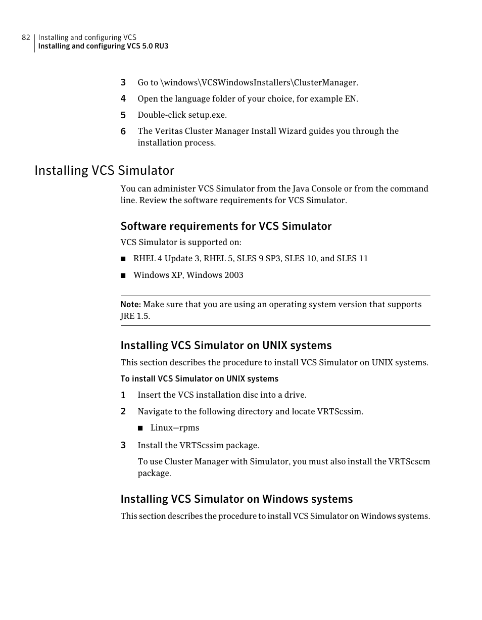 Installing vcs simulator, Software requirements for vcs simulator, Installing vcs simulator on unix systems | Installing vcs simulator on windows systems | Symantec Veritas 5 User Manual | Page 82 / 176