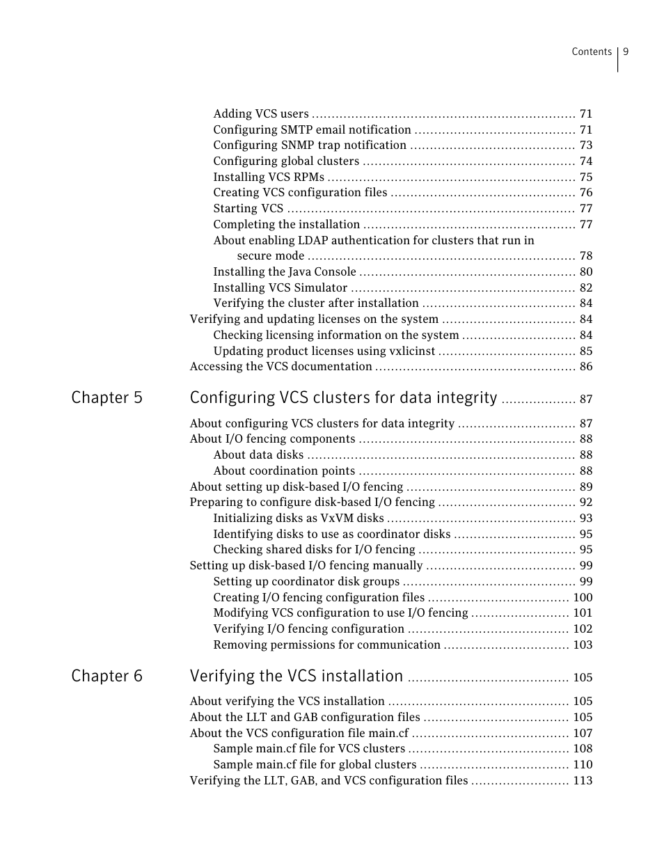 Chapter 6 verifying the vcs installation | Symantec Veritas 5 User Manual | Page 9 / 176