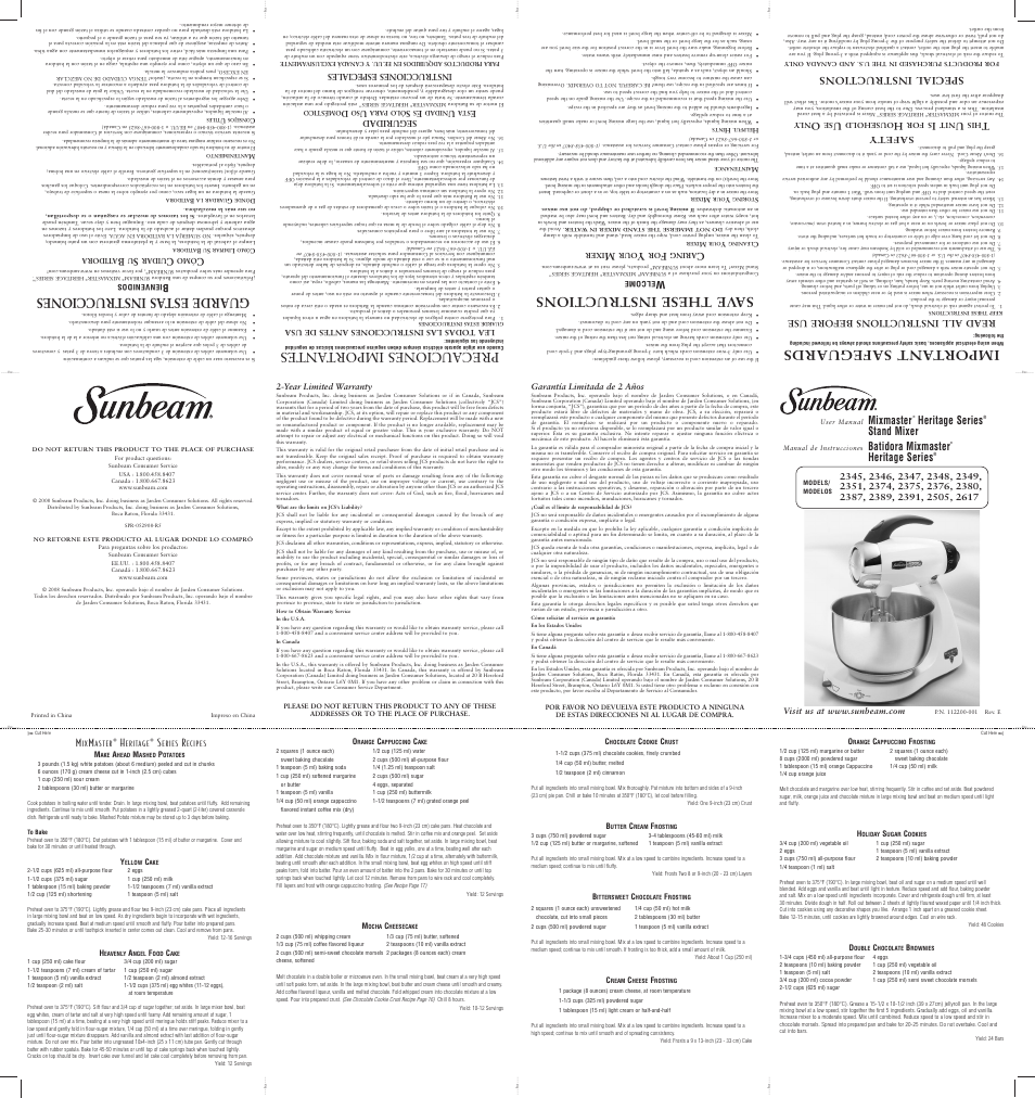 Sunbeam 2351 User Manual | 2 pages