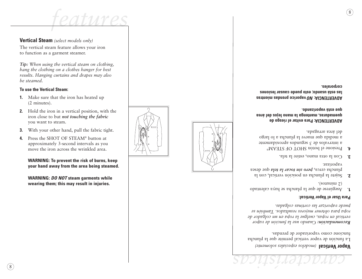 Features, Características | Sunbeam EURO PRESS IRON 4045 User Manual | Page 10 / 40