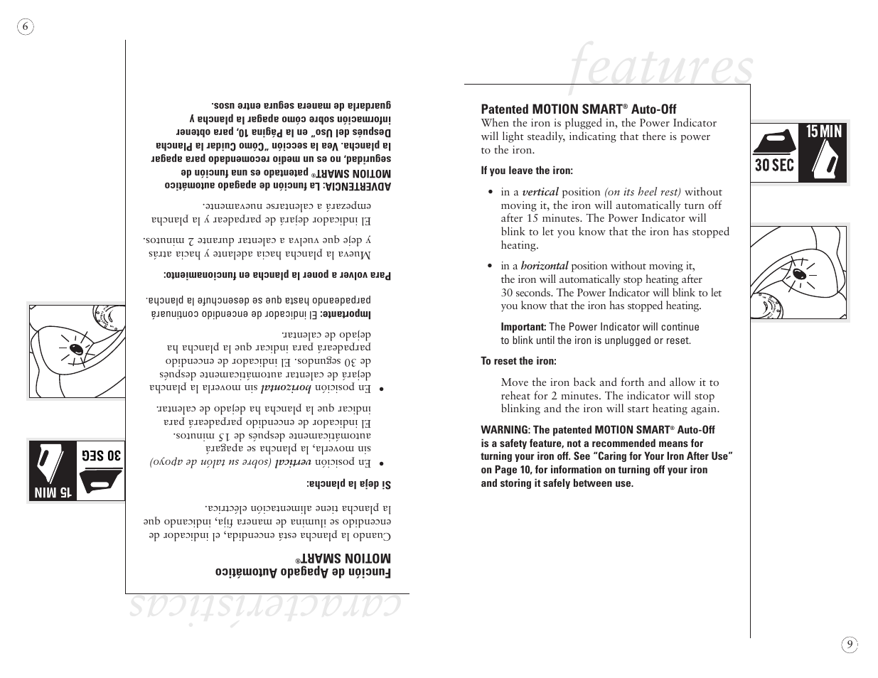 Features, Características | Sunbeam EURO PRESS IRON 4045 User Manual | Page 11 / 40