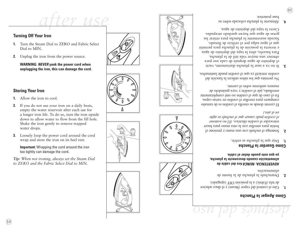 After use, Después del uso | Sunbeam EURO PRESS IRON 4045 User Manual | Page 12 / 40