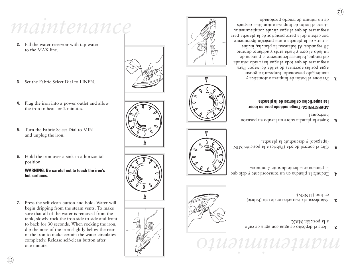 Maintenance, Mantenimiento | Sunbeam EURO PRESS IRON 4045 User Manual | Page 14 / 40