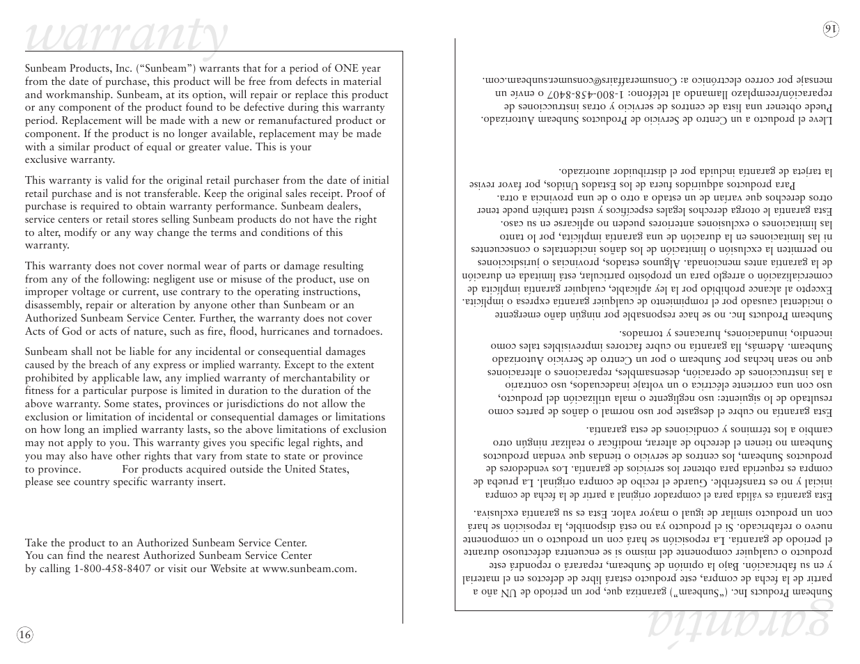 Warranty, Garantía | Sunbeam EURO PRESS IRON 4045 User Manual | Page 18 / 40