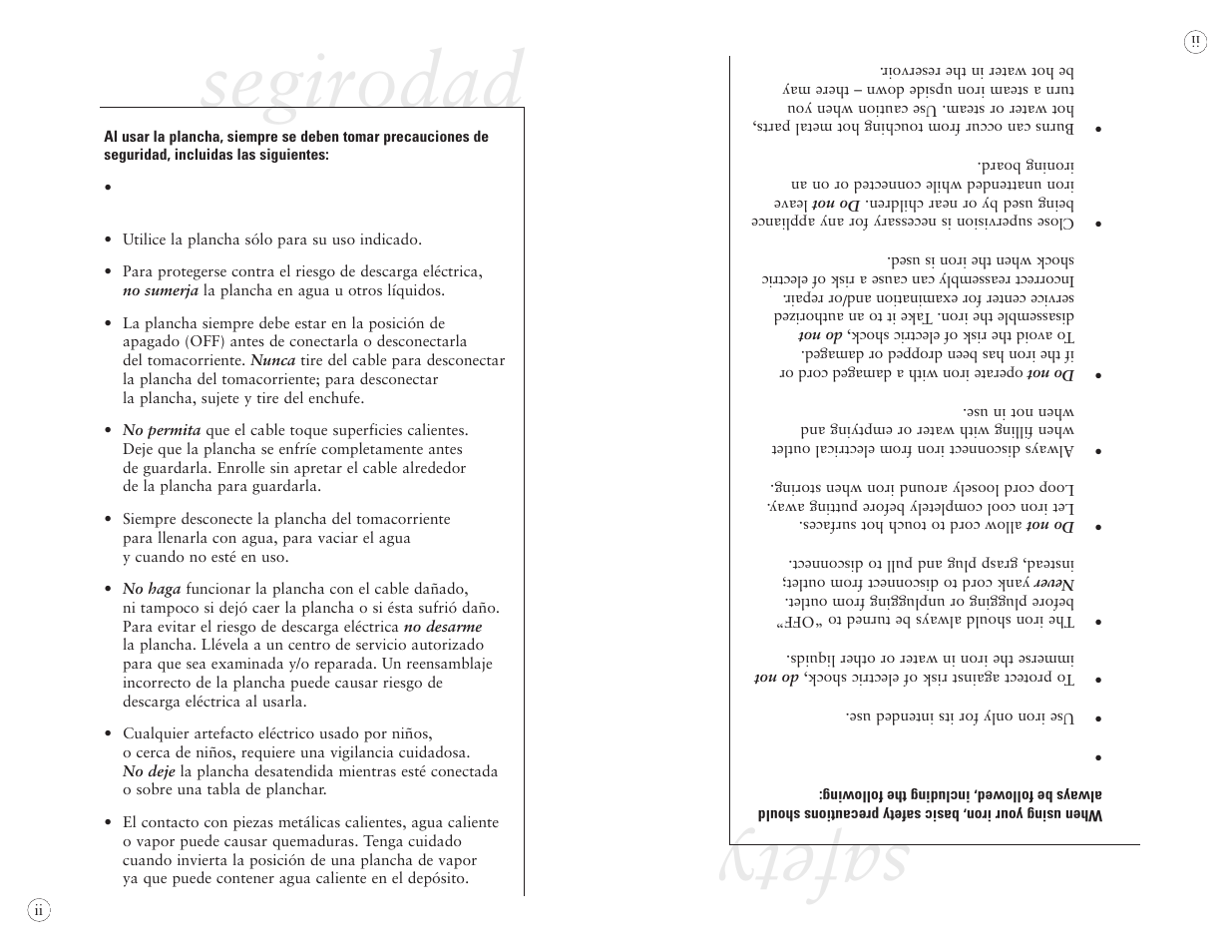 Segirodad safety, Impor t ant safeguards | Sunbeam EURO PRESS IRON 4045 User Manual | Page 22 / 40