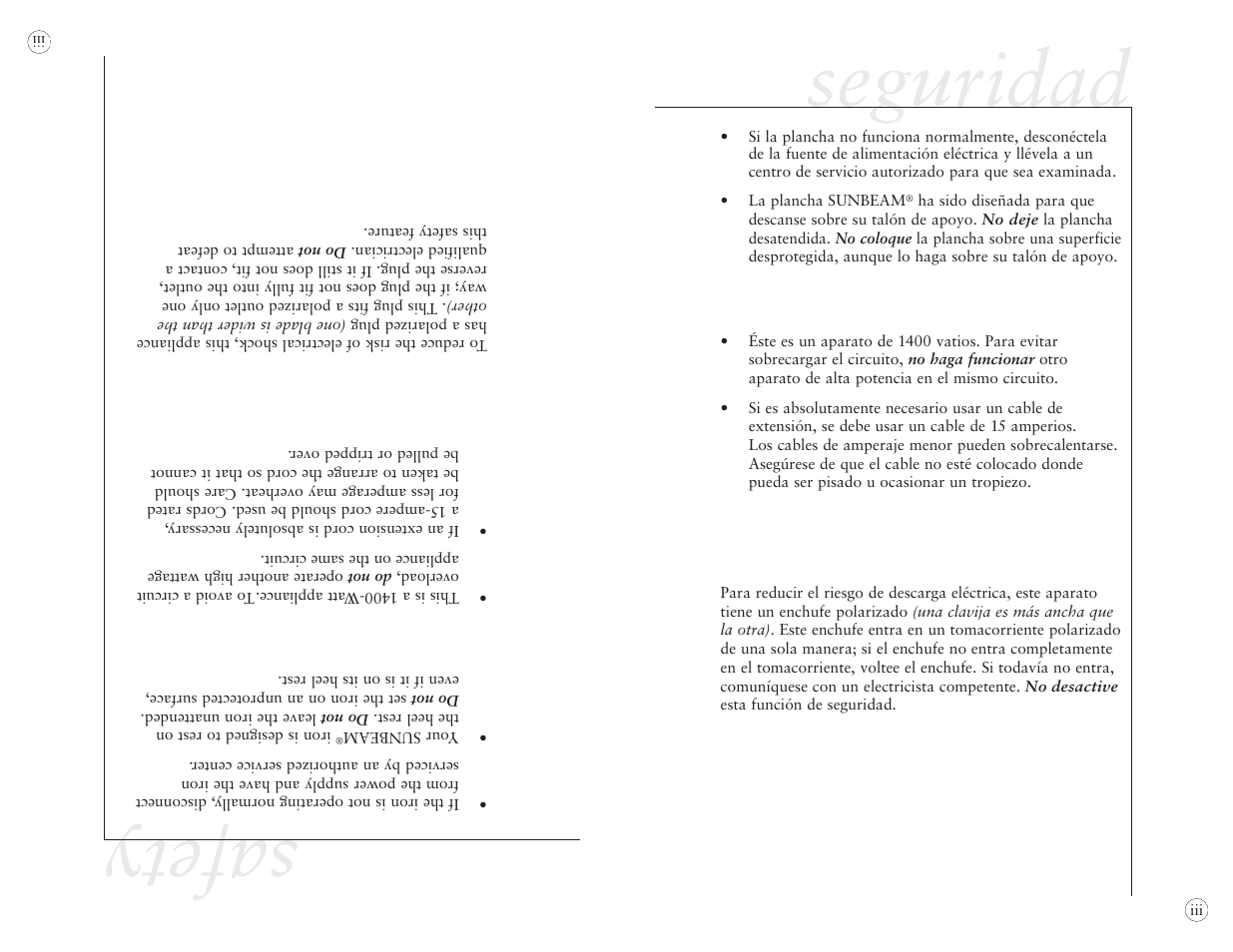 Seguridad, Safety, Special instru ct io ns | Sa ve these instru ct io ns | Sunbeam EURO PRESS IRON 4045 User Manual | Page 23 / 40