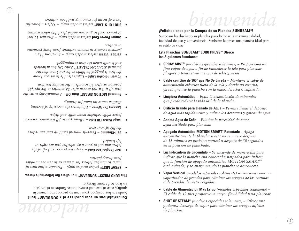 Welcome, Bienvenida, We l co m e | Palabras de bienvenida | Sunbeam EURO PRESS IRON 4045 User Manual | Page 25 / 40
