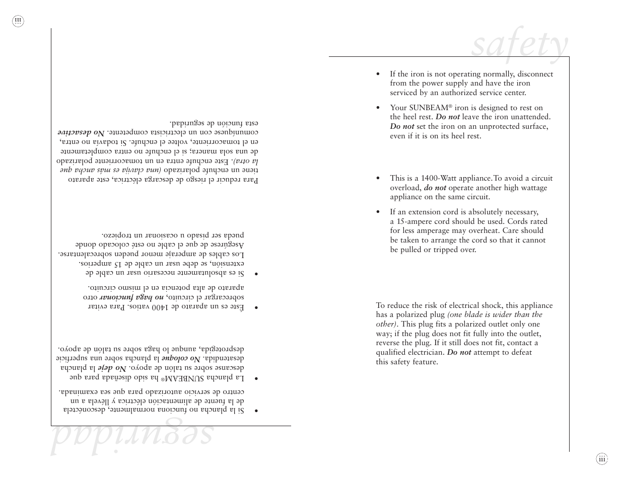 Seguridad, Safety | Sunbeam EURO PRESS IRON 4045 User Manual | Page 3 / 40