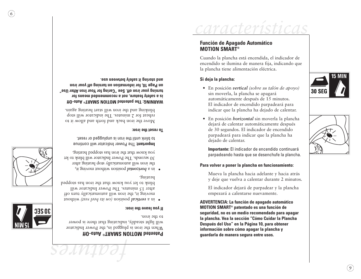 Features, Características | Sunbeam EURO PRESS IRON 4045 User Manual | Page 31 / 40
