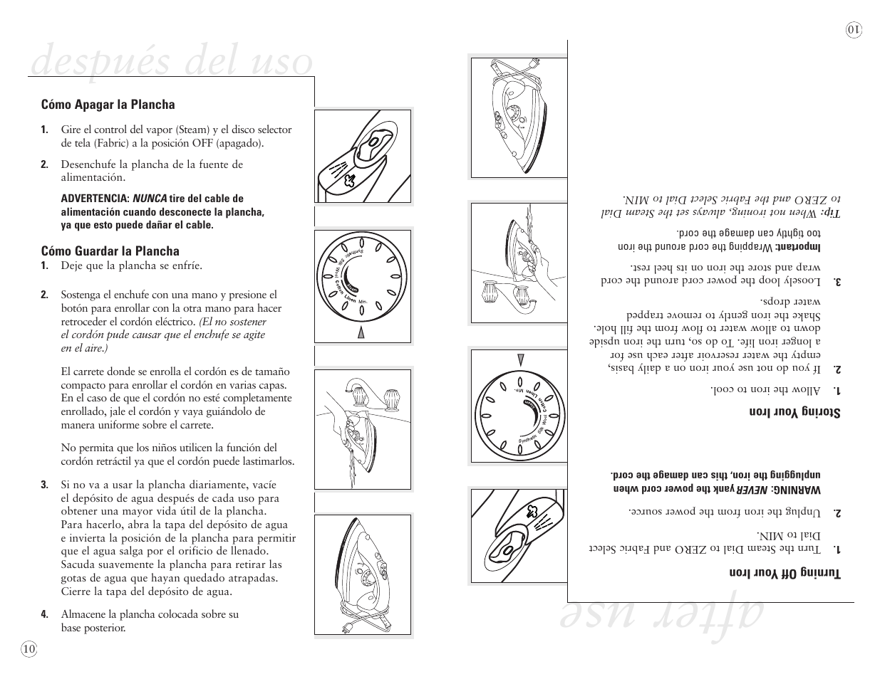 After use, Después del uso | Sunbeam EURO PRESS IRON 4045 User Manual | Page 32 / 40