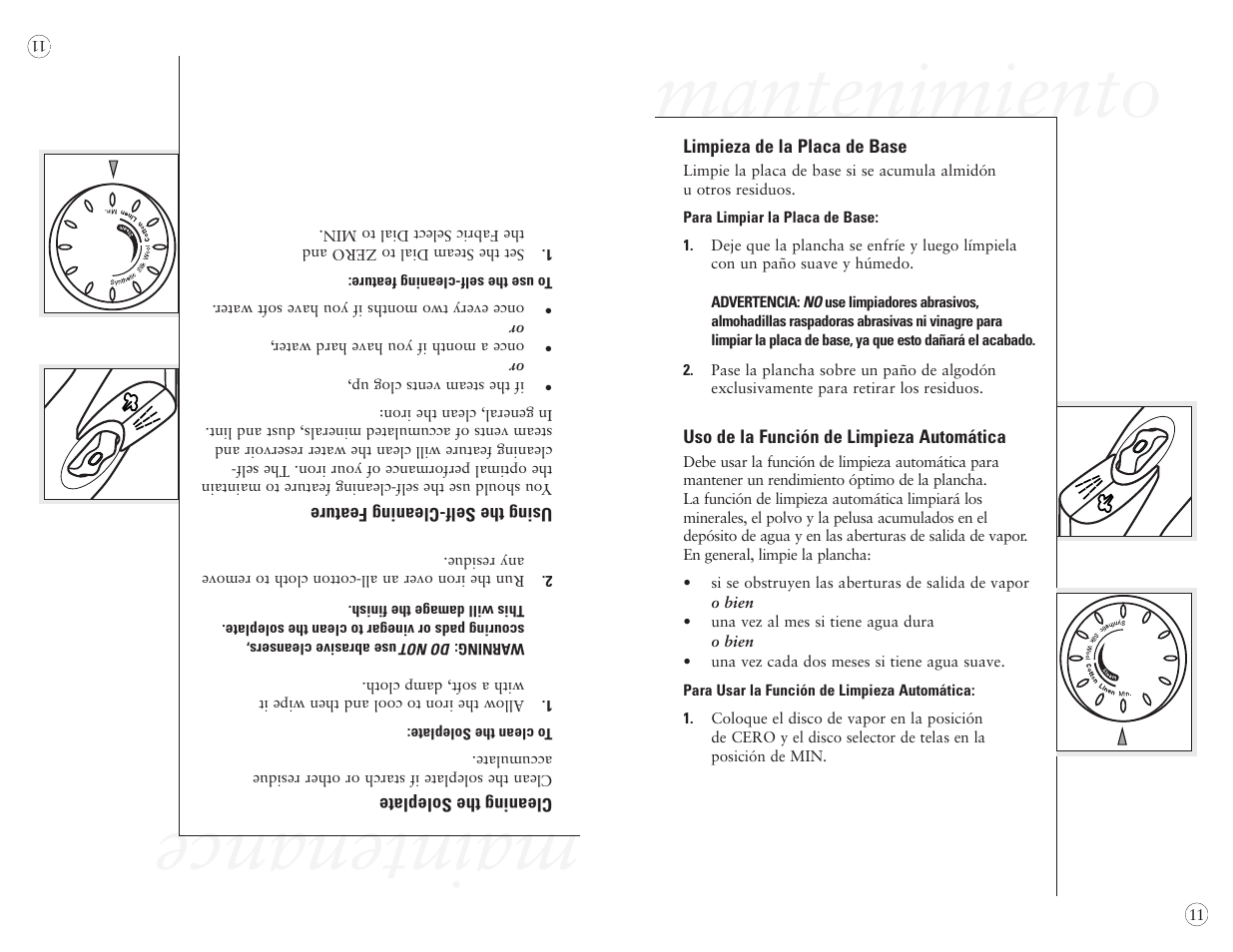 Maintenance, Mantenimiento | Sunbeam EURO PRESS IRON 4045 User Manual | Page 33 / 40