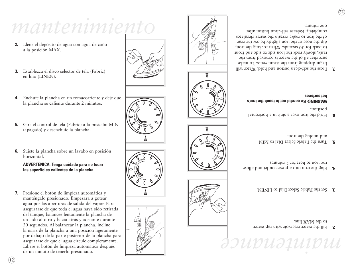 Maintenance, Mantenimiento | Sunbeam EURO PRESS IRON 4045 User Manual | Page 34 / 40