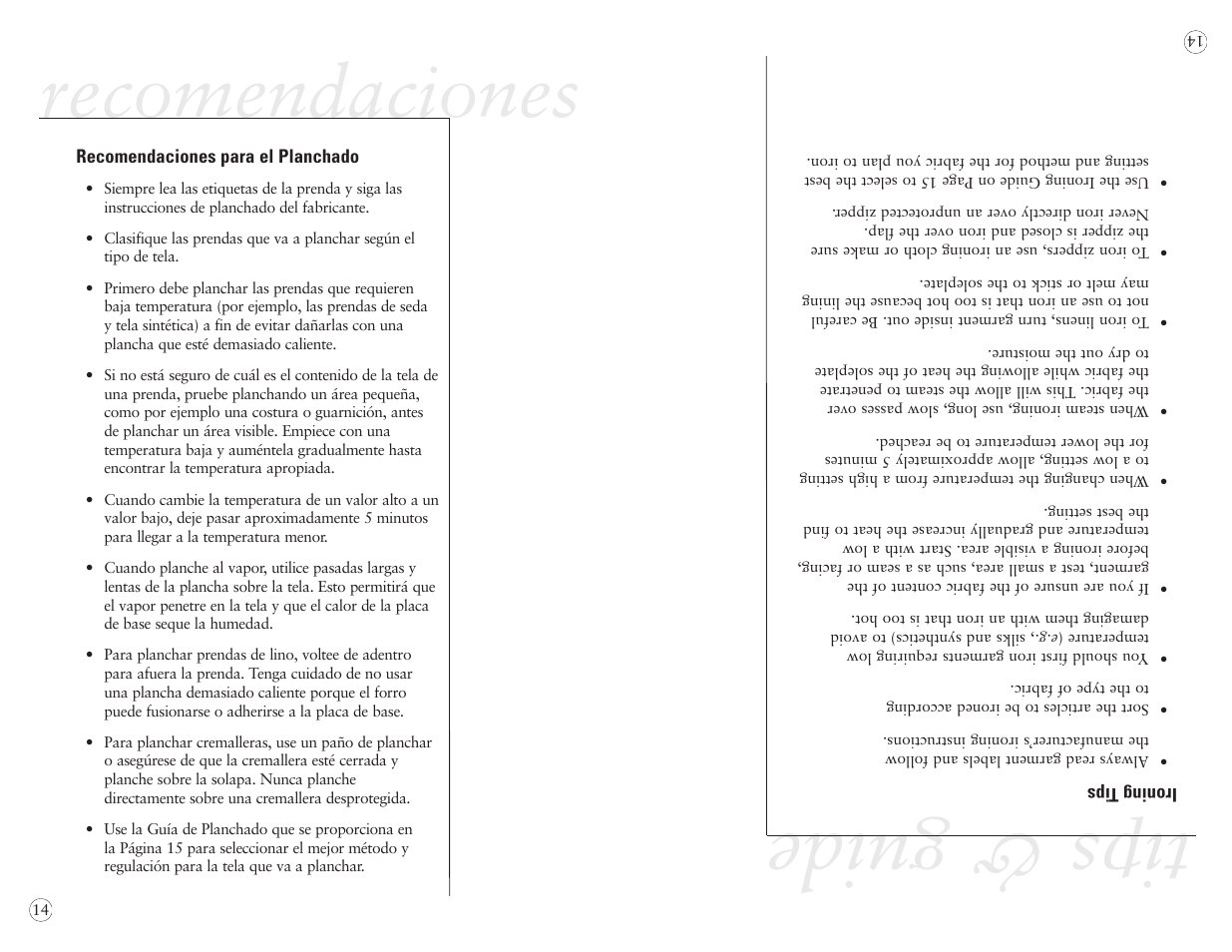 Tips & guide, Recomendaciones | Sunbeam EURO PRESS IRON 4045 User Manual | Page 36 / 40