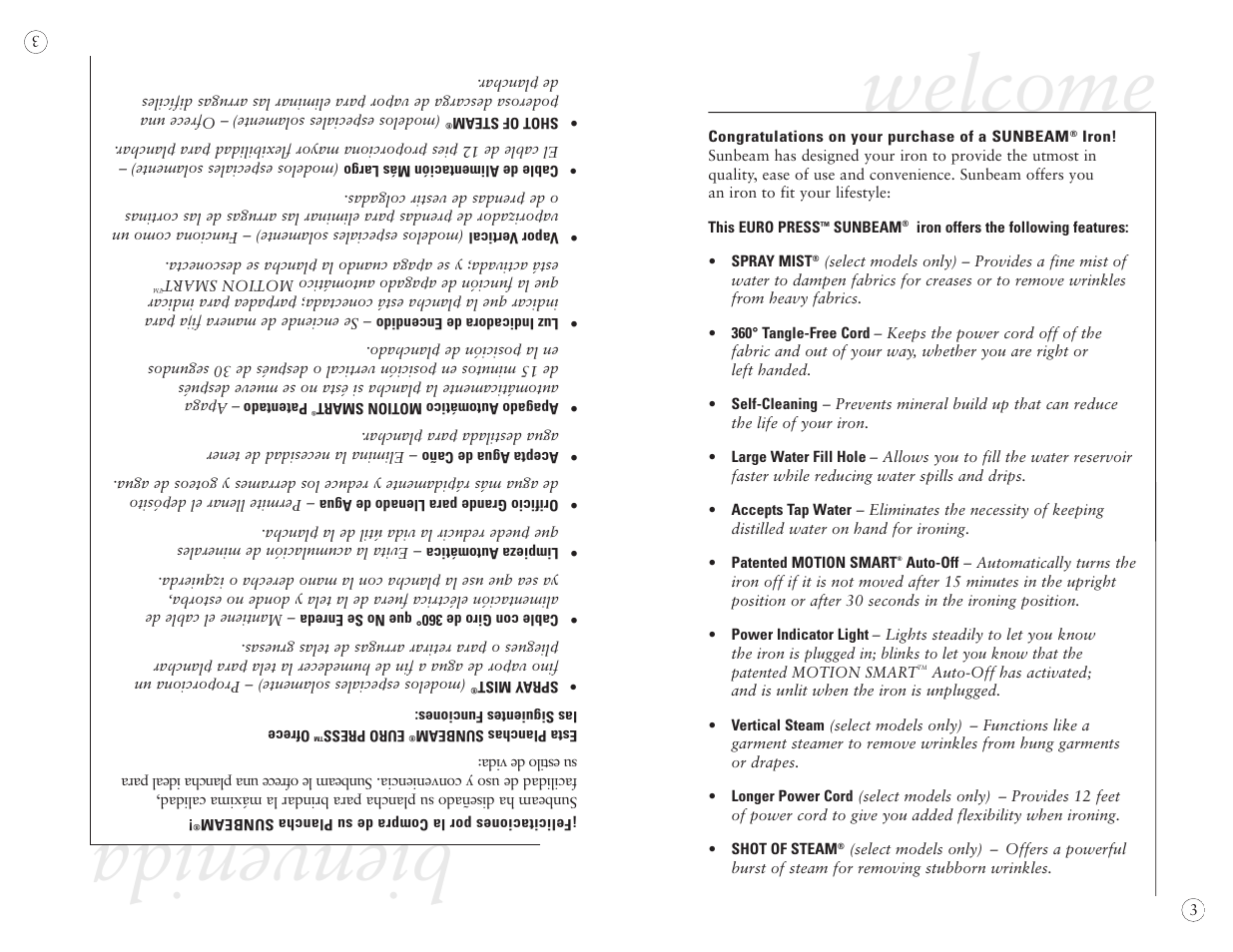 Welcome, Bienvenida, W elcome | Sunbeam EURO PRESS IRON 4045 User Manual | Page 5 / 40