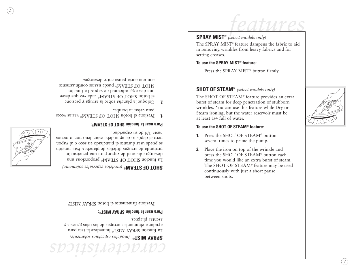 Features, Características, Using the iron’s special feature s | Sunbeam EURO PRESS IRON 4045 User Manual | Page 9 / 40