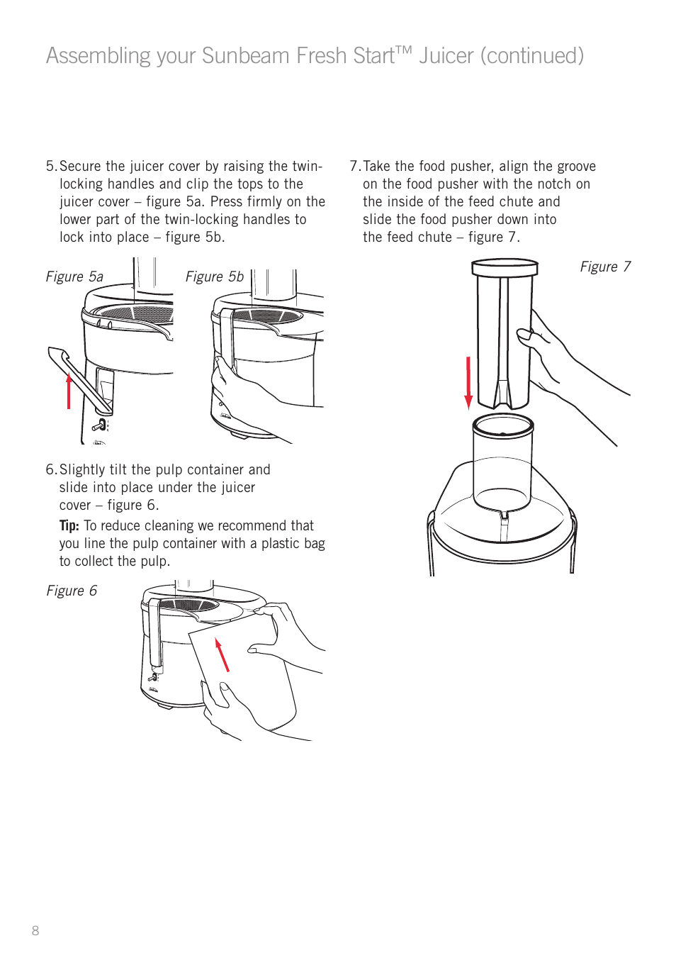 Assembling your sunbeam fresh start, Juicer (continued) | Sunbeam JE6400DG User Manual | Page 10 / 24