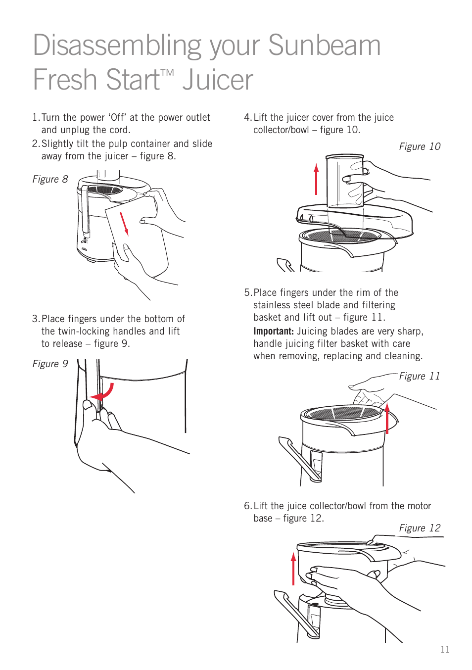 Disassembling your sunbeam fresh start, Juicer | Sunbeam JE6400DG User Manual | Page 13 / 24