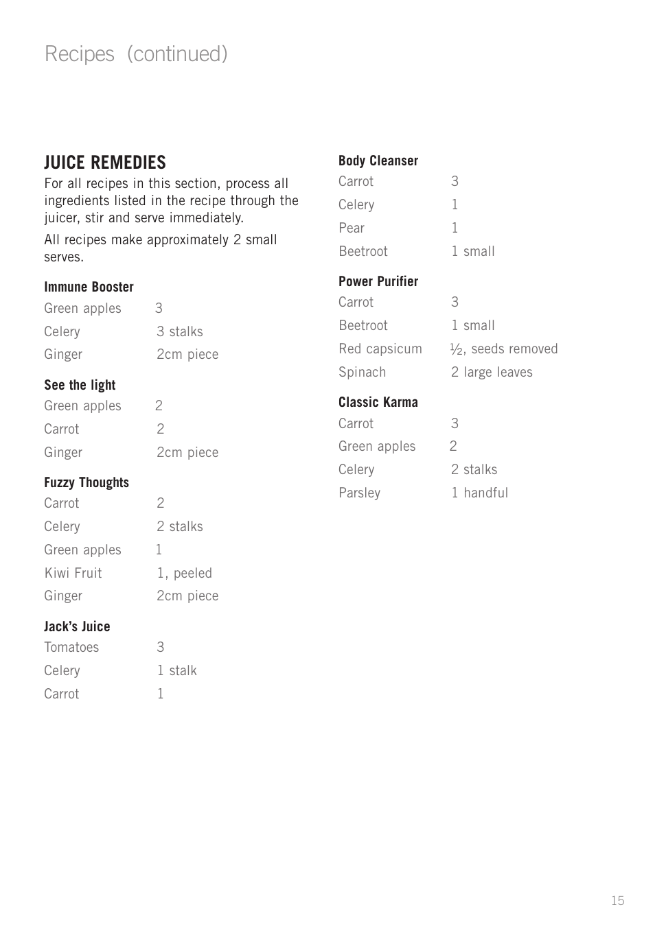 Recipes (continued), Juice remedies | Sunbeam JE6400DG User Manual | Page 17 / 24