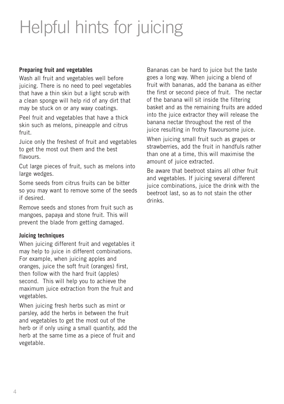 Helpful hints for juicing | Sunbeam JE6400DG User Manual | Page 6 / 24