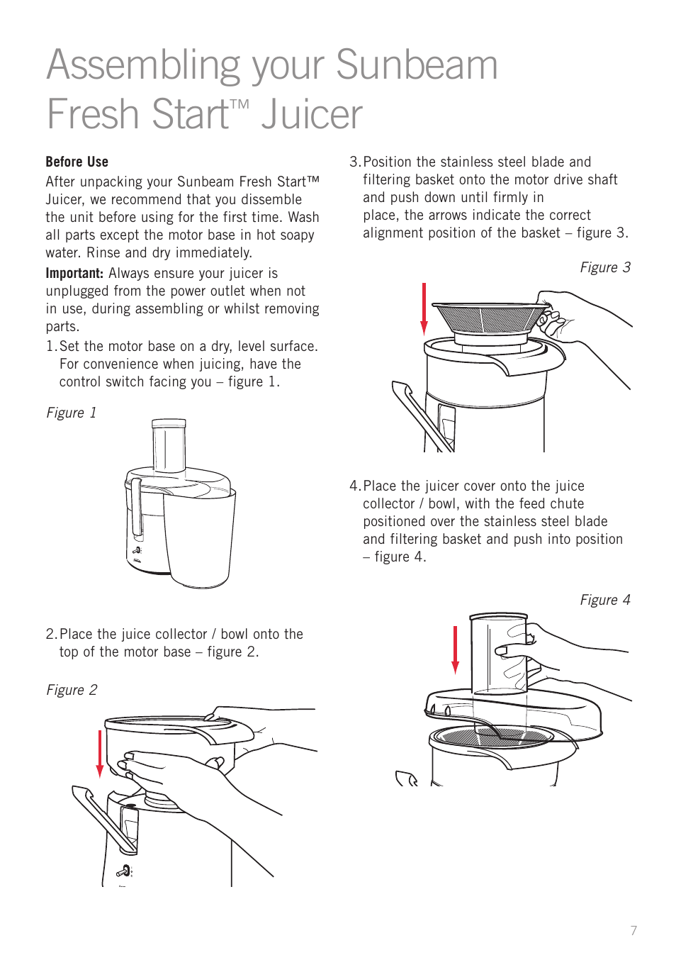 Assembling your sunbeam fresh start, Juicer | Sunbeam JE6400DG User Manual | Page 9 / 24