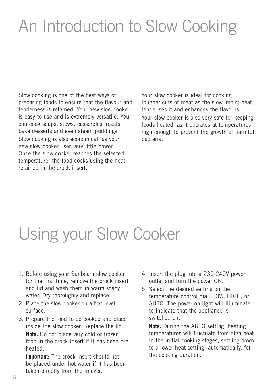 An introduction to slow cooking, Using your slow cooker | Sunbeam HP5500 User Manual | Page 8 / 25