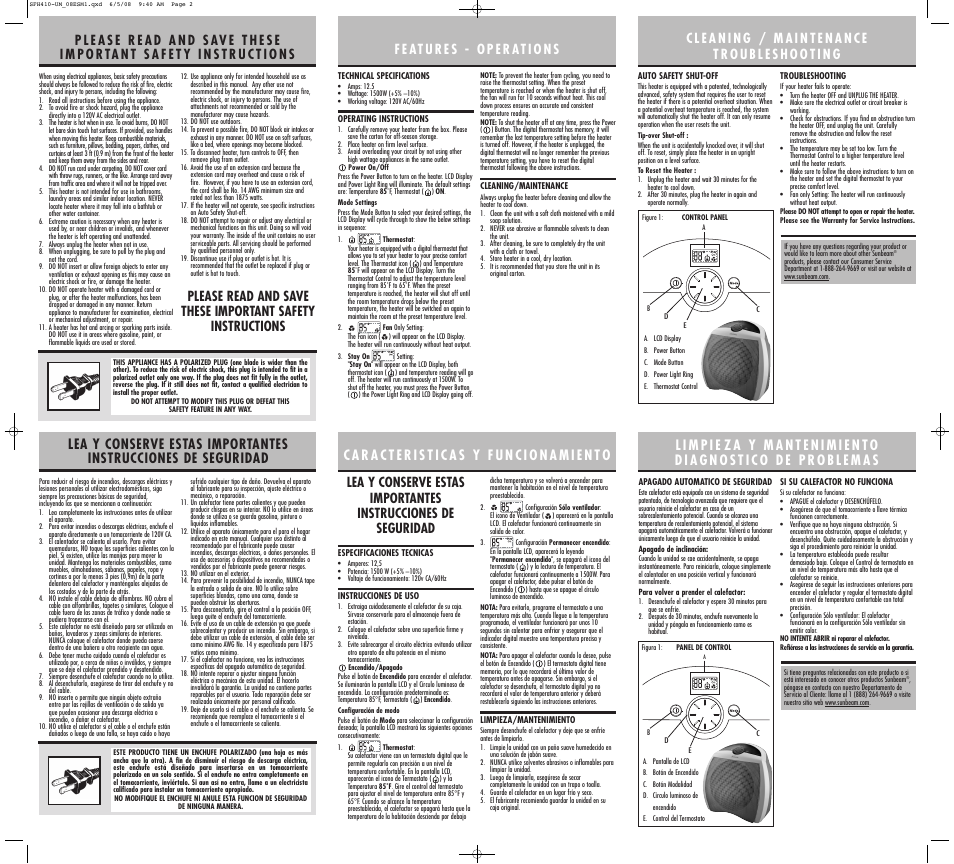 Sunbeam SFH410UM08ESM1 User Manual | Page 2 / 2