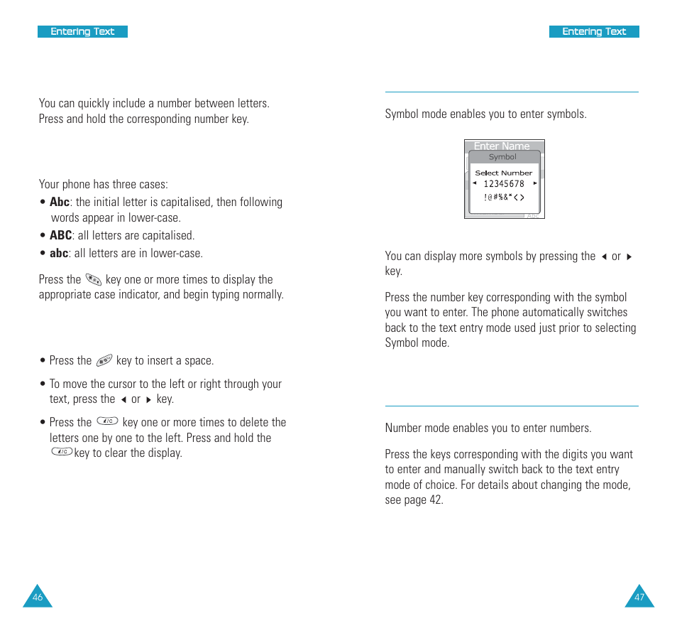 Using symbol mode, Using number mode, Including a number | Changing the case, Other usages | Samsung SCH N391 User Manual | Page 24 / 75