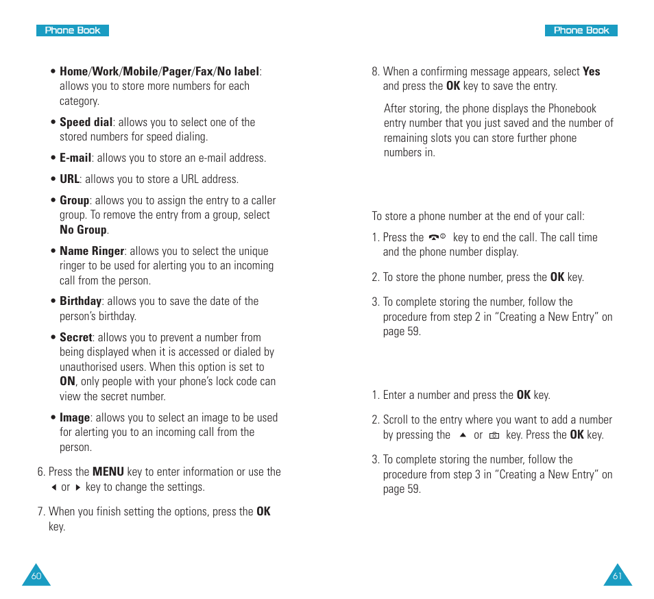 Storing phone numbers at call’s end, Adding a number into an existing entry | Samsung SCH N391 User Manual | Page 31 / 75