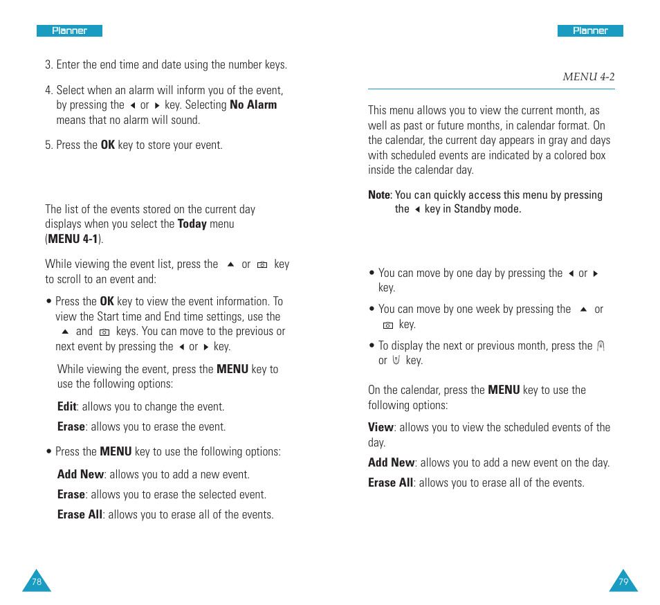 Scheduler (menu 4-2), Scheduler, Scrolling through the calendar | Viewing your today’s schedule | Samsung SCH N391 User Manual | Page 40 / 75