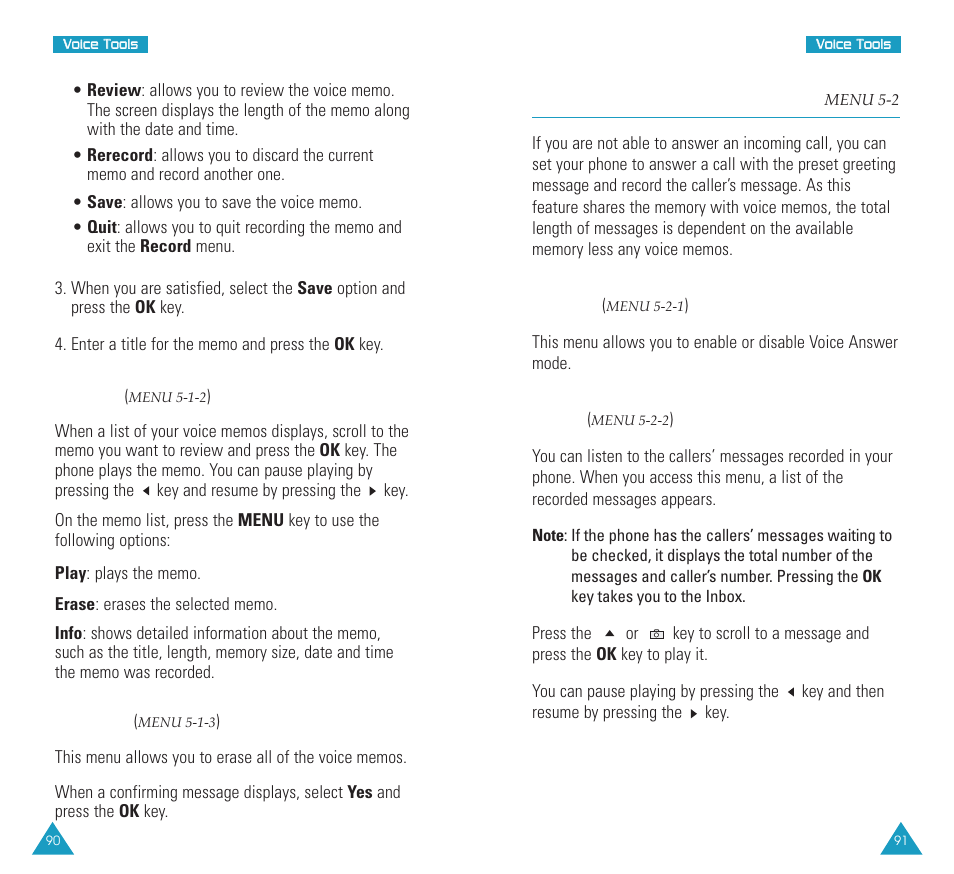 Voice answer (menu 5-2, Voice answer, On/off | Inbox, Review, Erase all | Samsung SCH N391 User Manual | Page 46 / 75