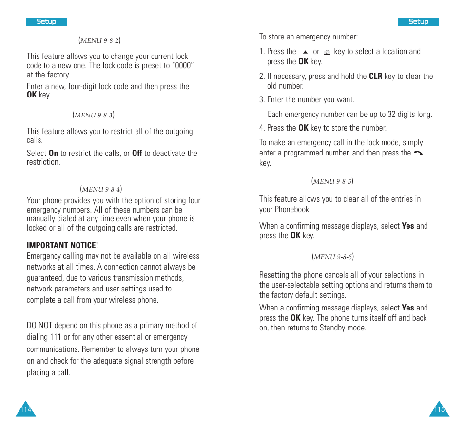 Erase pbook, Reset phone, Change lock | Restriction, Emergency | Samsung SCH N391 User Manual | Page 58 / 75