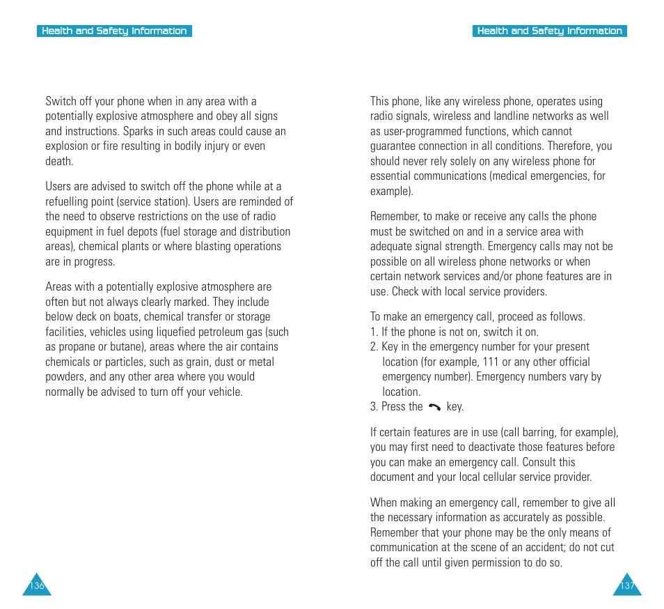 Potentially explosive environment, Emergency calls | Samsung SCH N391 User Manual | Page 69 / 75