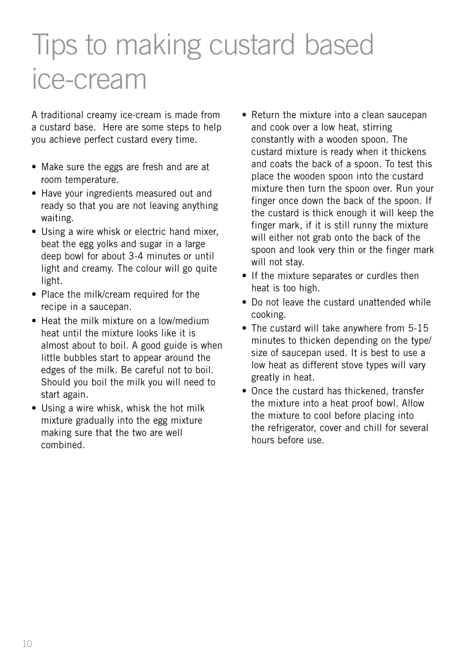 Handy hints, Tips to making custard based ice-cream | Sunbeam GL8200 User Manual | Page 12 / 26
