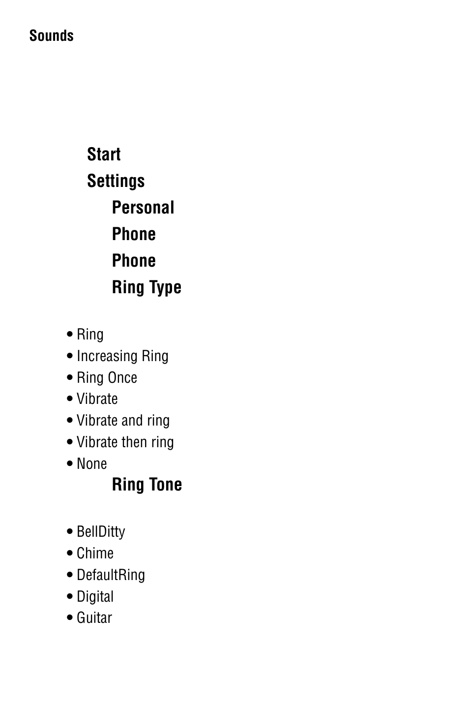 Sounds, Start, Settings | Personal, Phone, Ring type, Ring tone | Samsung SPH i700 User Manual | Page 40 / 186