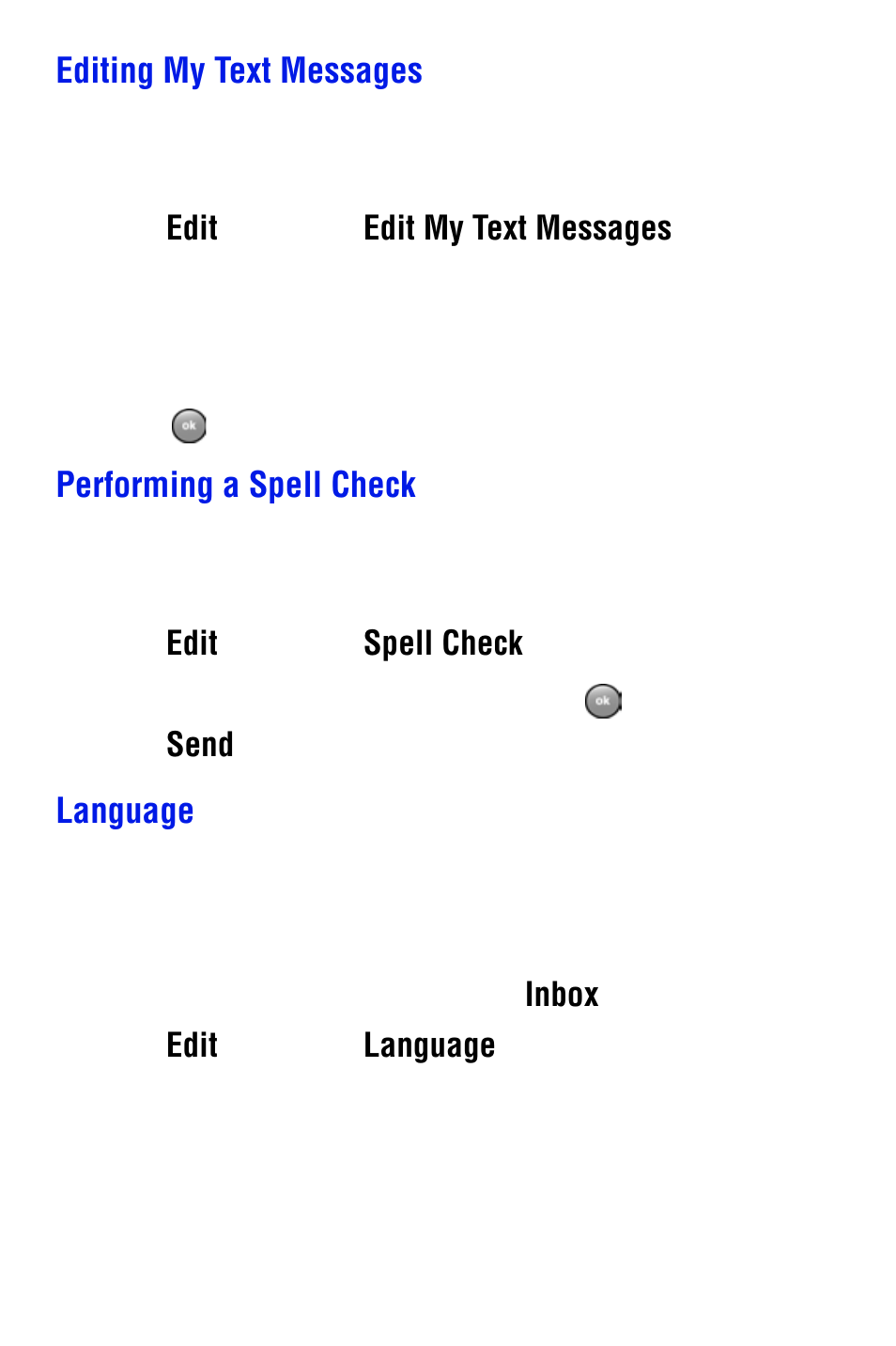 Editing my text messages, Performing a spell check, Language | Samsung SPH i700 User Manual | Page 70 / 186