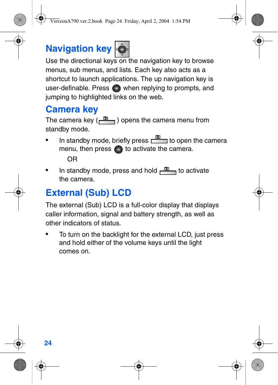 Navigation key, Camera key, External (sub) lcd | Samsung A790 User Manual | Page 32 / 226